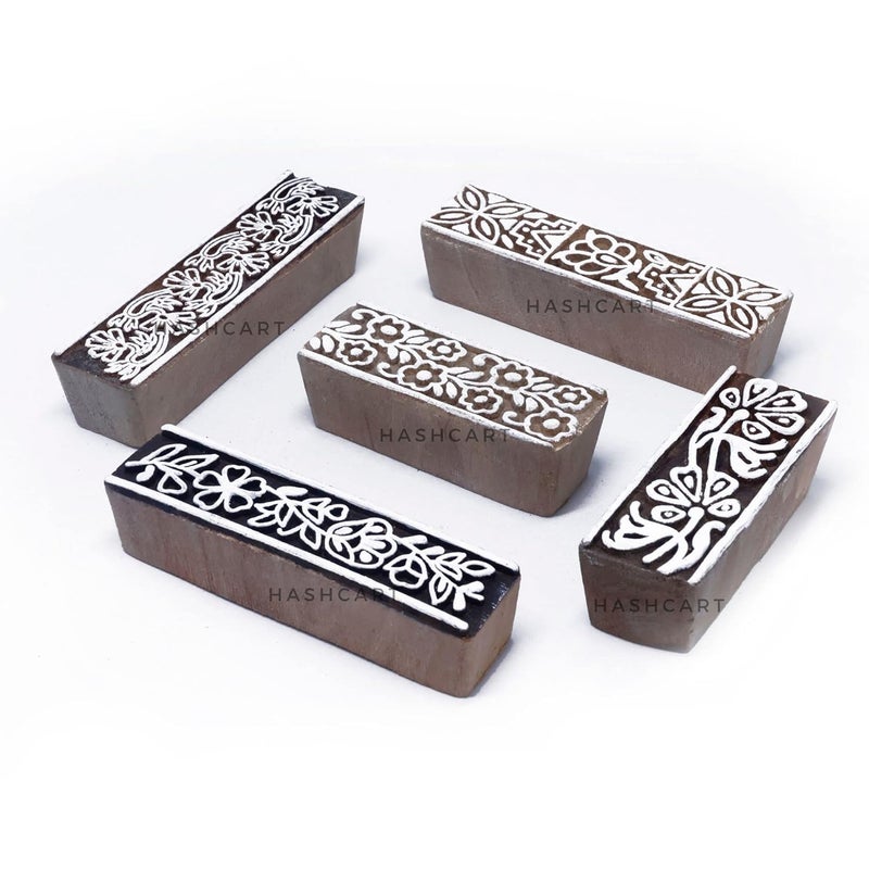 Hashcart Border Shaped Wooden Printing Stamps - Block Printing Stamps for Textile, Fabric, Tote Bags, Kids Craft Activity, Wood Hand Blocks for Saree Border - Set of 5 - Image 1