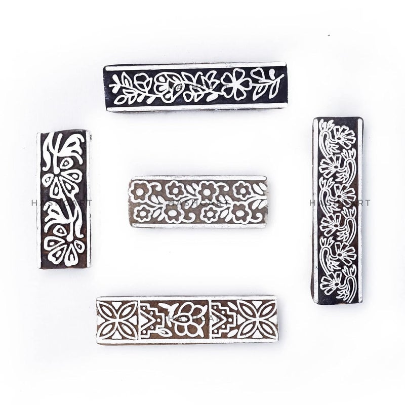 Hashcart Border Shaped Wooden Printing Stamps - Block Printing Stamps for Textile, Fabric, Tote Bags, Kids Craft Activity, Wood Hand Blocks for Saree Border - Set of 5 - Image 2
