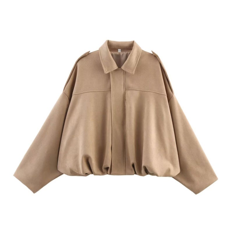 Xunger Women's Faux Suede Bomber Jacket Spring Lapel Pilot Coat Casual Oversized Long Sleeves Trendy Streetwear Outerwear(1026-Khaki-M-RD) - Image 4