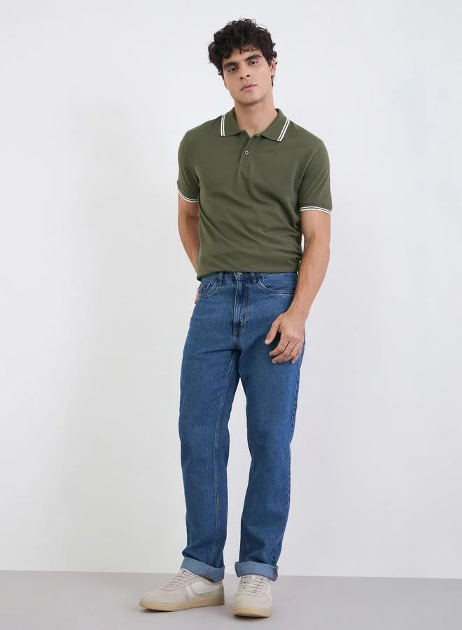 Styli Men Solid Regular Fit Cotton Pique Polo T-Shirt with Tipping