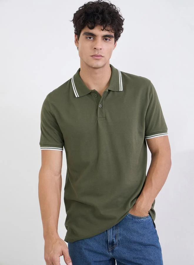 Styli Men Solid Regular Fit Cotton Pique Polo T-Shirt with Tipping
