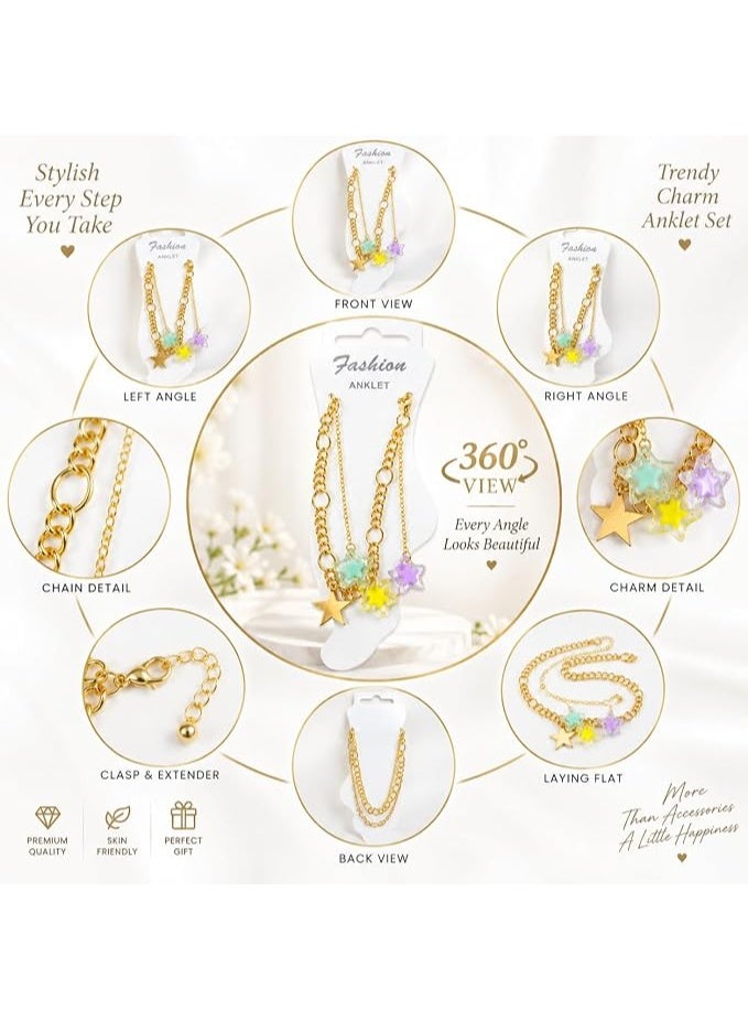 First Choice 2-Piece Gold Layered Anklet Set for Women and Girls, Cute Pastel Star Charms Beach Foot Jewelry with Adjustable Extension Chain, Fashion Accessories Gift - Image 3