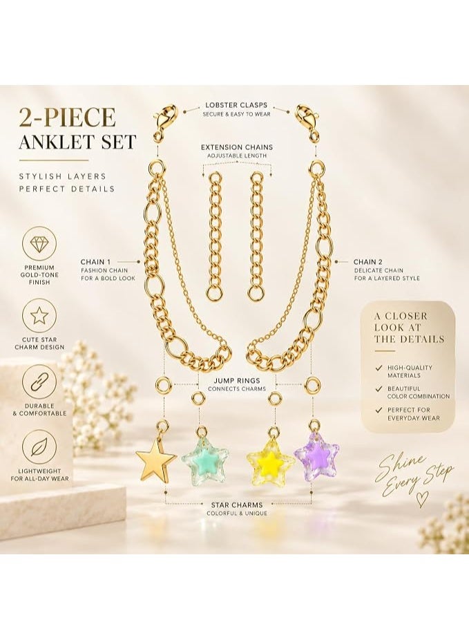 First Choice 2-Piece Gold Layered Anklet Set for Women and Girls, Cute Pastel Star Charms Beach Foot Jewelry with Adjustable Extension Chain, Fashion Accessories Gift - Image 2