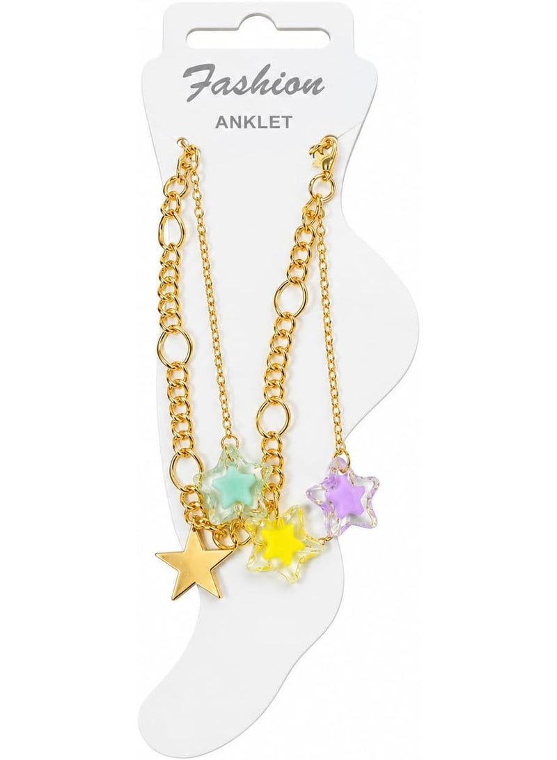 First Choice 2-Piece Gold Layered Anklet Set for Women and Girls, Cute Pastel Star Charms Beach Foot Jewelry with Adjustable Extension Chain, Fashion Accessories Gift - Image 1