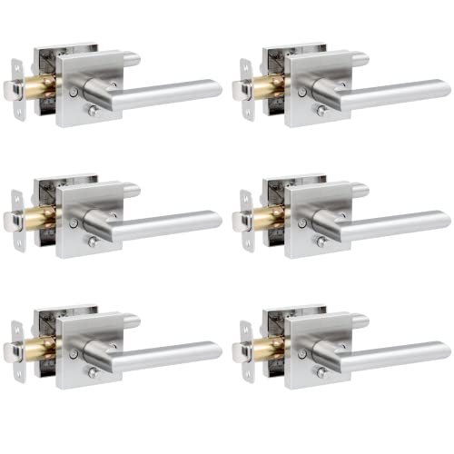HOSOM 6 Pack Privacy Door Handles Interior for Bedroom and Bathroom, Satin Nickel Interior Door Handles with Lock, Heavy Duty Interior Door Levers, Keyless Reversible Square Door Locks Door Knob - Image 1