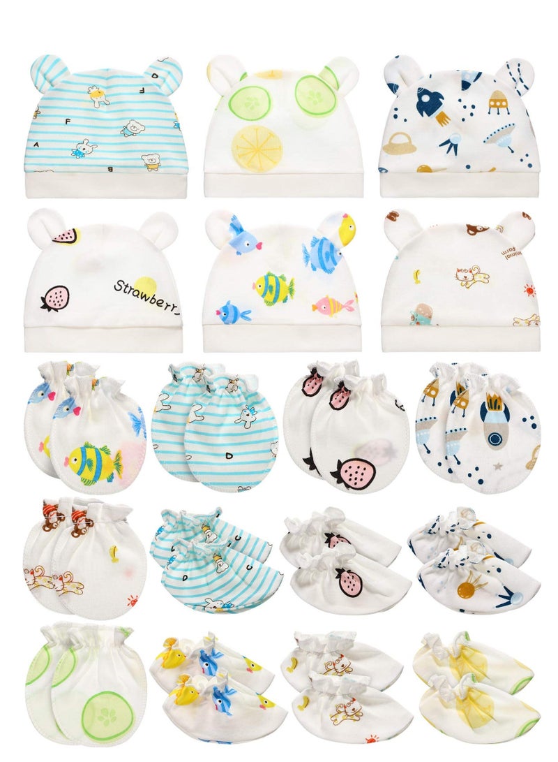 18 Pieces Newborn Cap Mitten Sock Including 6 Pieces Newborn Hats 6 Pairs Baby No Scratch Mittens Gloves and 6 Pairs Infant Socks for Unisex Baby Boys Girls Set Multicoloured - Image 1