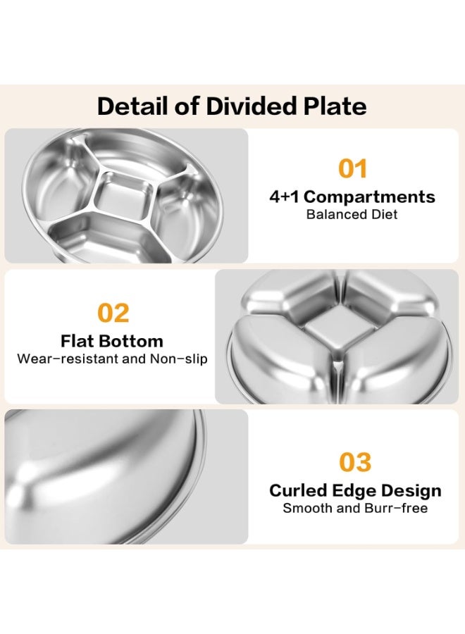 Bukela 3 Pack Heavy-duty Stainless Steel Divided Plates, 8.8" dia. X 2" H Unbreakable 5-sectional Round Metal Serving Tray for Portion Control/Food Prep/Snack - Image 2