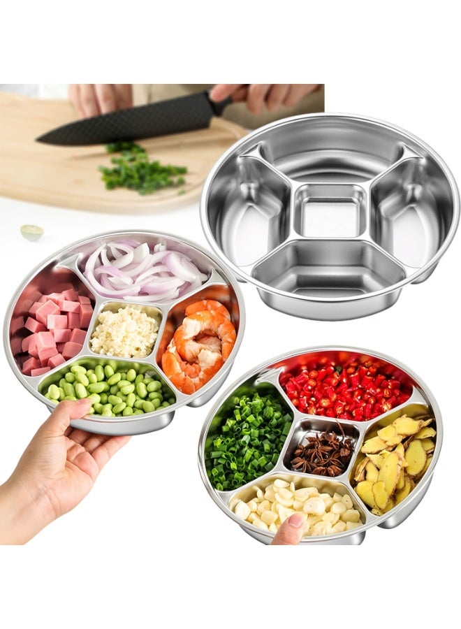 Bukela 3 Pack Heavy-duty Stainless Steel Divided Plates, 8.8" dia. X 2" H Unbreakable 5-sectional Round Metal Serving Tray for Portion Control/Food Prep/Snack - Image 1