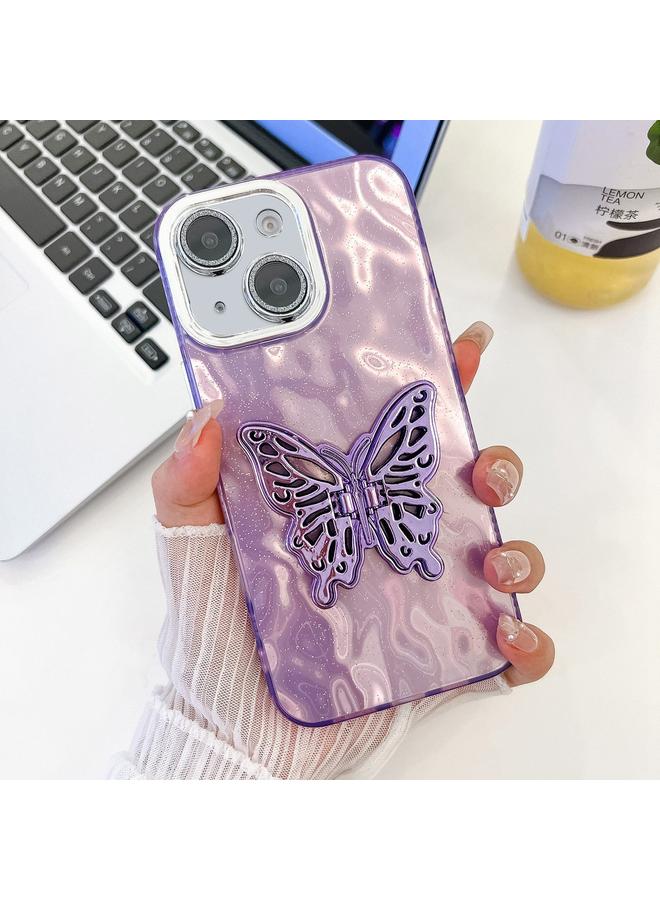 زبون جراب لهاتف iPhone 13 مصنوع من مادة TPU مع حامل على شكل فراشة وملمس لامع مع فيلم عدسة - Image 1