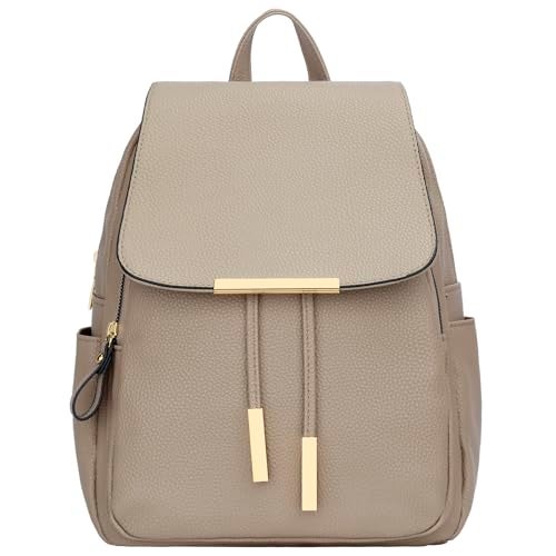 KKXIU Women’s Stylish Leather Backpack Purse – Lightweight Travel Backpack with Multiple Pockets, Lychee Grain PU Leather, Gold Hardware (A-Khaki, 10x12x4.5 Inches) - Image 3