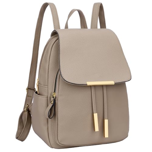 KKXIU Women’s Stylish Leather Backpack Purse – Lightweight Travel Backpack with Multiple Pockets, Lychee Grain PU Leather, Gold Hardware (A-Khaki, 10x12x4.5 Inches) - Image 1