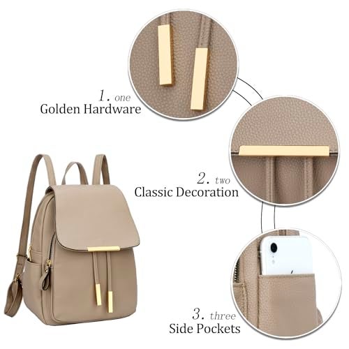 KKXIU Women’s Stylish Leather Backpack Purse – Lightweight Travel Backpack with Multiple Pockets, Lychee Grain PU Leather, Gold Hardware (A-Khaki, 10x12x4.5 Inches) - Image 5