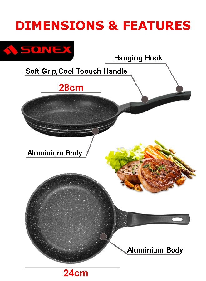 SONEX Set of 2 Non-Stick Fry Pans, 24cm & 28cm, Black – Durable Aluminium Cookware for Everyday Cooking - Image 2