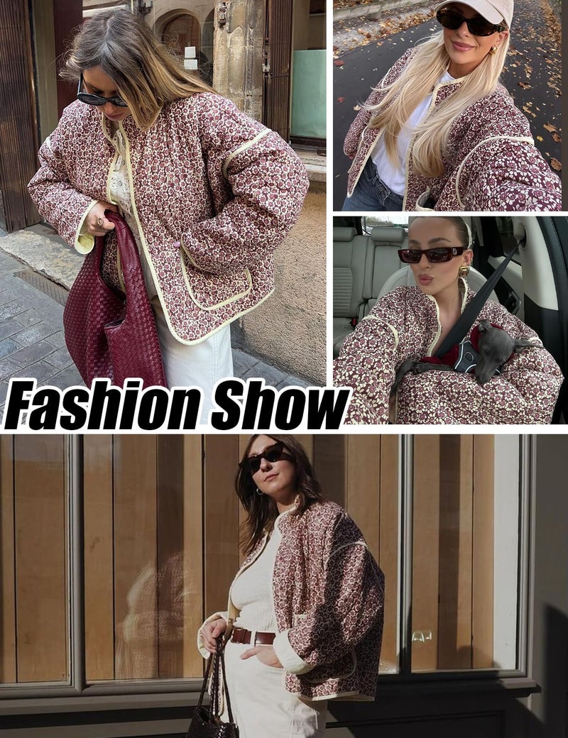Yimoon Women's Cropped Puffer Quilted Jacket Vintage Floral Print Open Front Lightweight Short Jacket Outwear - Image 5