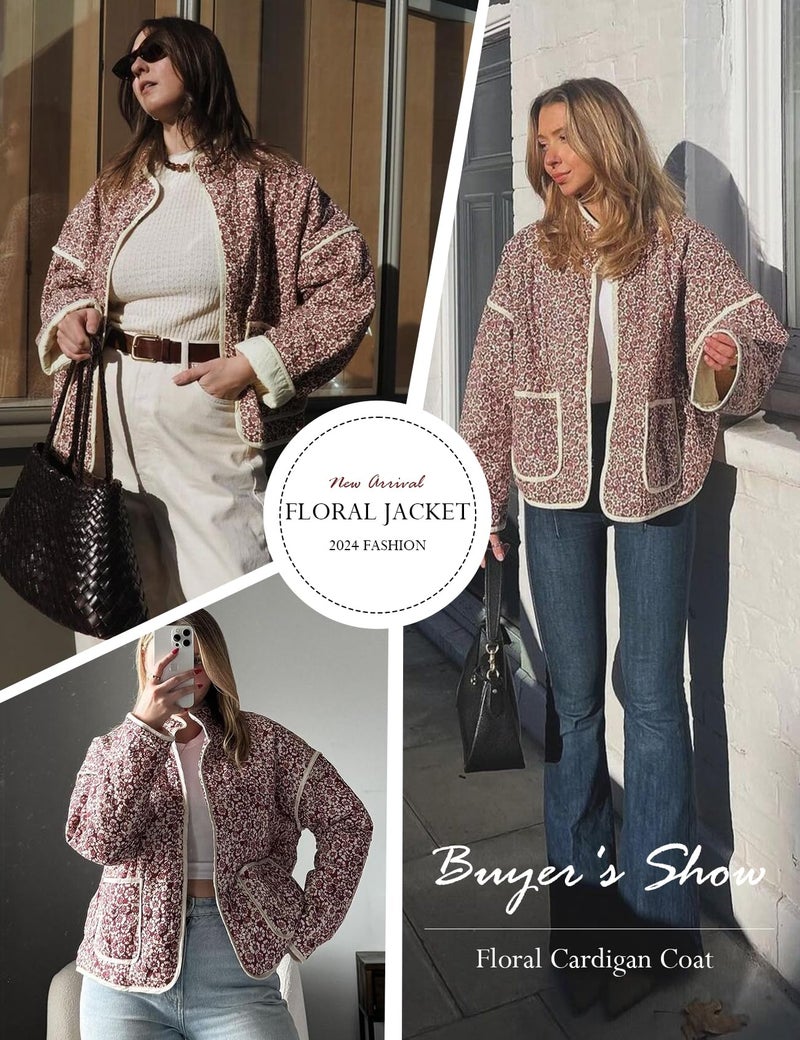Yimoon Women's Cropped Puffer Quilted Jacket Vintage Floral Print Open Front Lightweight Short Jacket Outwear - Image 4