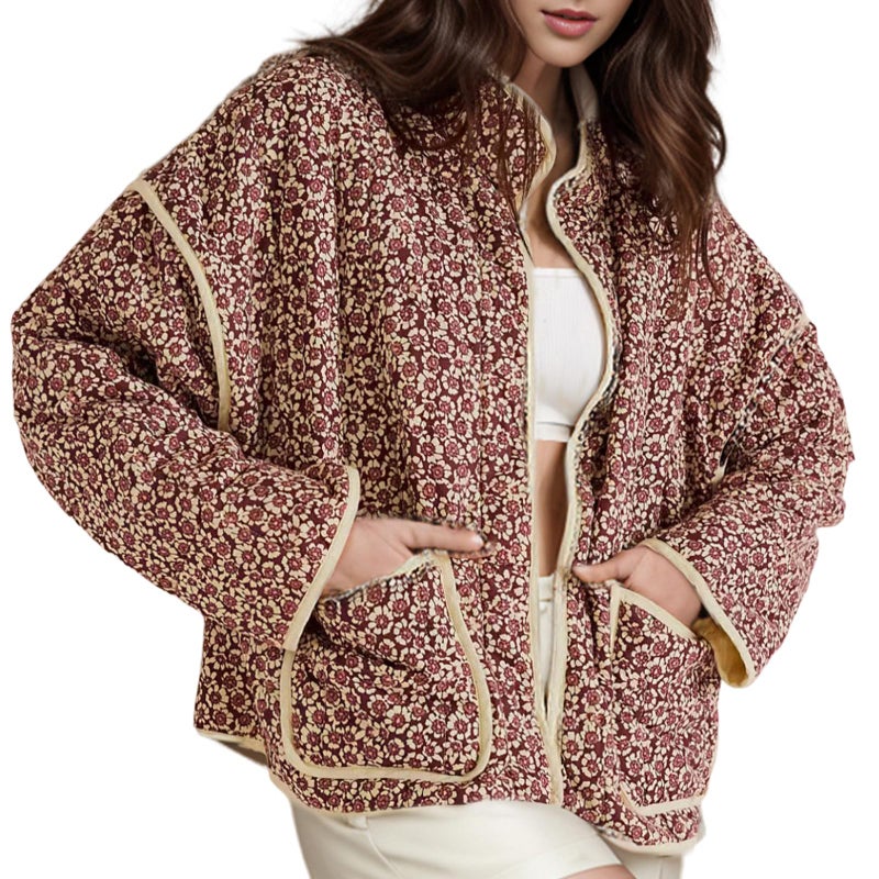 Yimoon Women's Cropped Puffer Quilted Jacket Vintage Floral Print Open Front Lightweight Short Jacket Outwear - Image 1