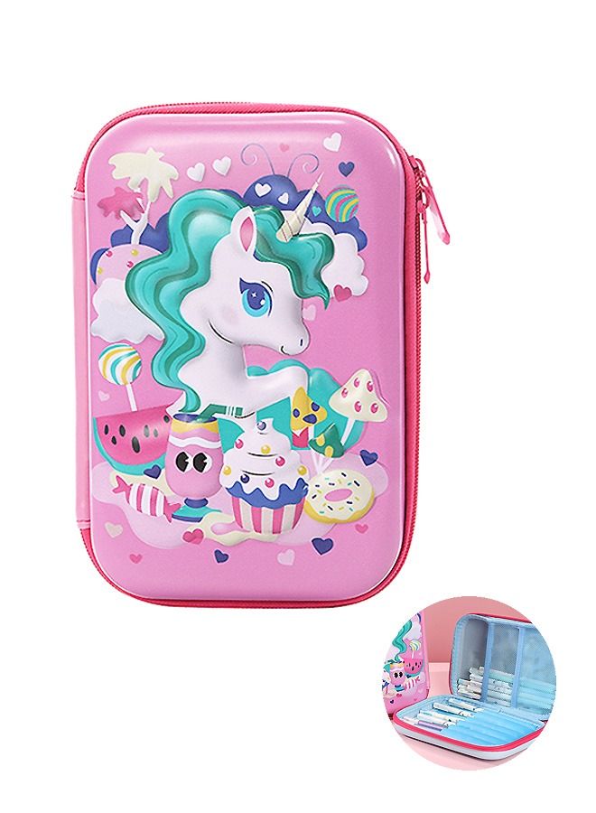 Generic 3D Cartoon Unicorn Pencil Case, Lovely Large Capacity Compartments Pen Holder Marker Bag with Double Zipper, Portable EVA Hard Pencil Case Pen Bag (Pink)  - Image 1