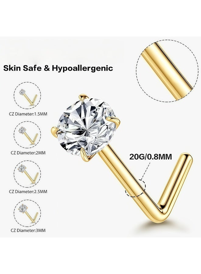 4 Pcs 20G Nose Studs Nose Rings 1.5/2/2.5/3mm Round Cubic Zirconia Bone Straight Screw L Shaped Nose Stud Gold Nose Piercings Jewelry - Image 2