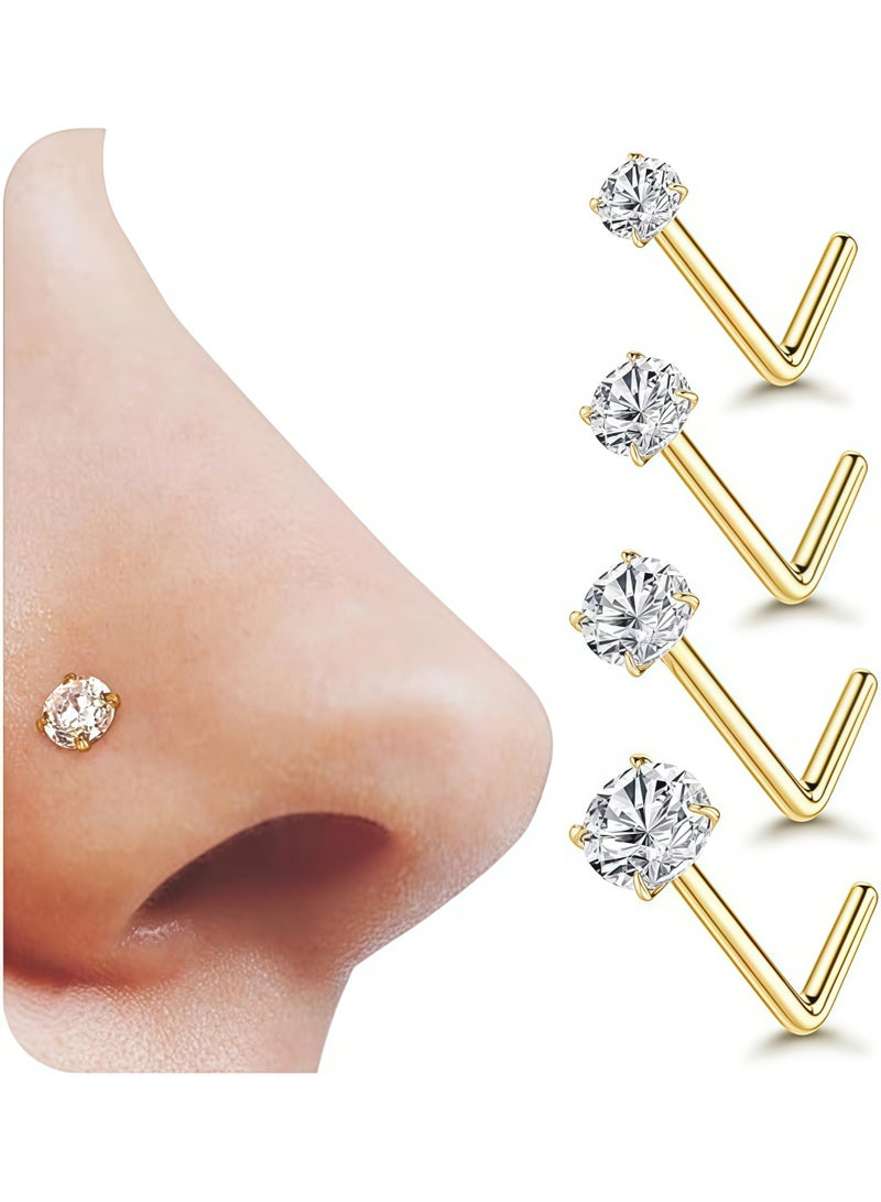 4 Pcs 20G Nose Studs Nose Rings 1.5/2/2.5/3mm Round Cubic Zirconia Bone Straight Screw L Shaped Nose Stud Gold Nose Piercings Jewelry - Image 1