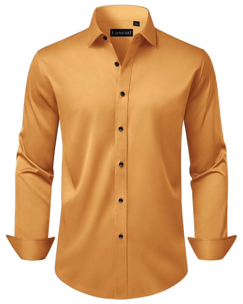 Lusead Gold Dress Shirts for Men Cotton Stretch Slim Fit Casual Long Sleeve Button Down Shirt Men Party Prom Wedding - Image 1