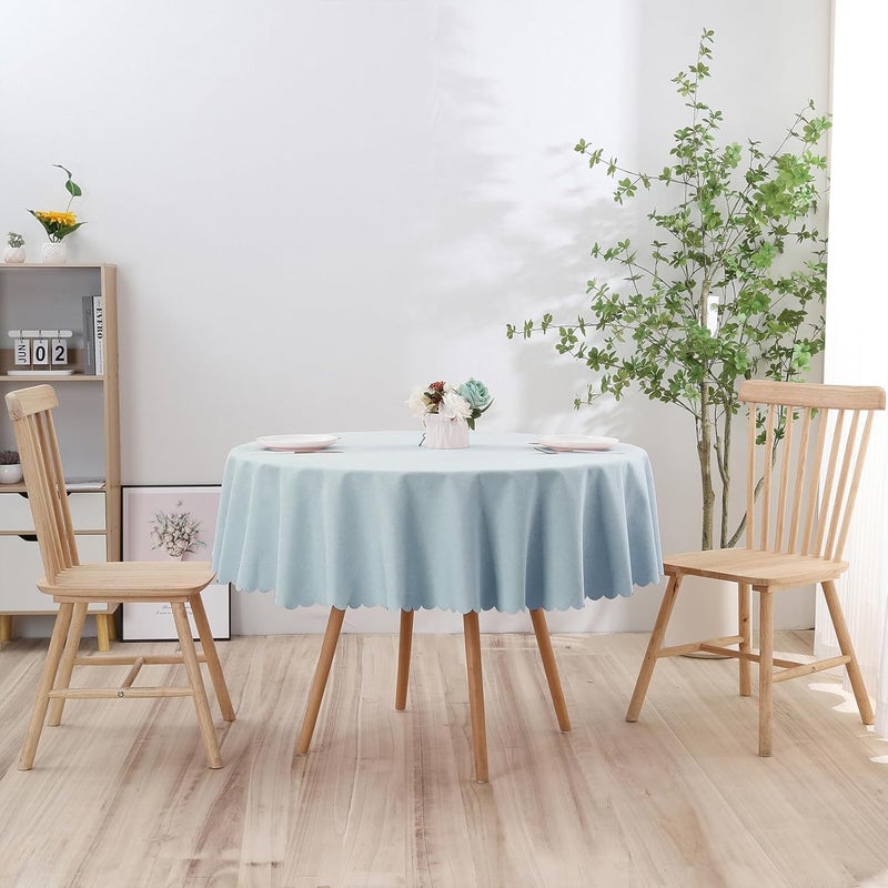 Qubjus Solid Color Round Tablecloth Cotton Linen Waterproof Oilproof Delicate Floral Edge Washable Decorative Table Cover for Kitchen Dining Parties Round48 Blue - Image 4