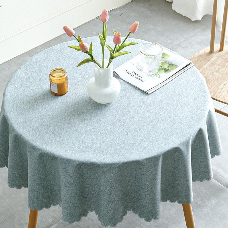 Qubjus Solid Color Round Tablecloth Cotton Linen Waterproof Oilproof Delicate Floral Edge Washable Decorative Table Cover for Kitchen Dining Parties Round48 Blue - Image 1