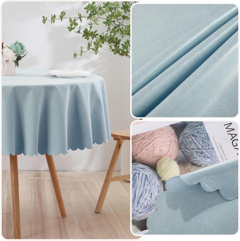 Qubjus Solid Color Round Tablecloth Cotton Linen Waterproof Oilproof Delicate Floral Edge Washable Decorative Table Cover for Kitchen Dining Parties Round48 Blue - Image 2