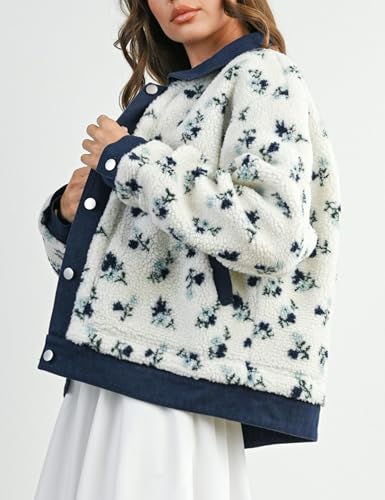 Meyhad Women's Floral Sherpa Jacket Open Front Denim Collar Fleece Jackets Oversized Outerwear with Pockets(1011-Navy-S) - Image 4