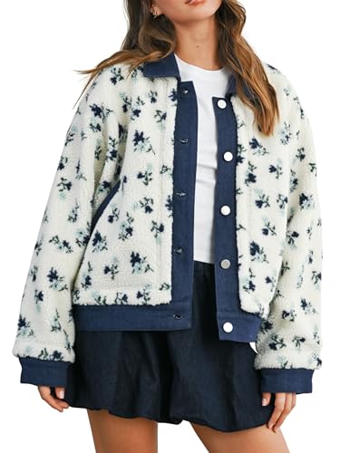 Meyhad Women's Floral Sherpa Jacket Open Front Denim Collar Fleece Jackets Oversized Outerwear with Pockets(1011-Navy-S) - Image 1