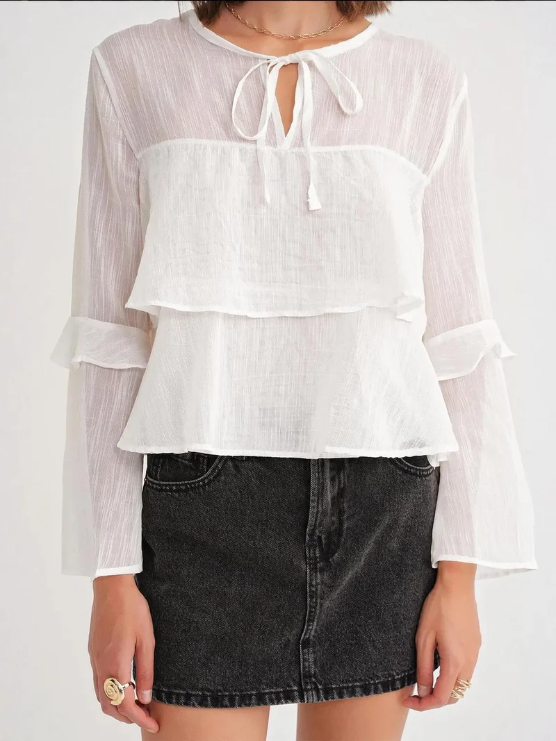 MixRay White Mixray Frilly Blouse with Bow Detail for Women | Best Price UAE
