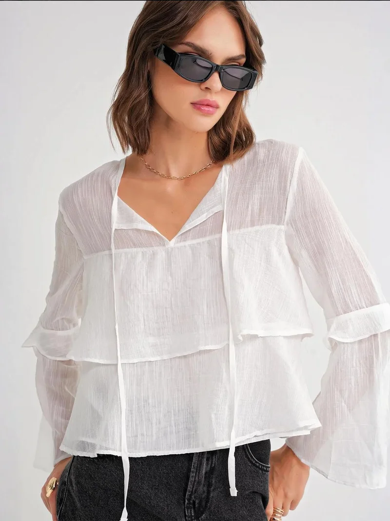 MixRay White Mixray Frilly Blouse with Bow Detail for Women | Best Price UAE