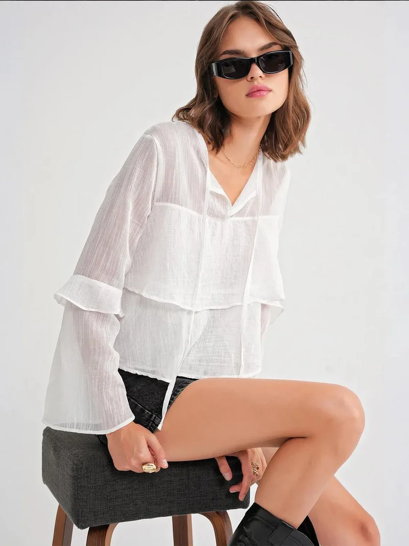 MixRay White Mixray Frilly Blouse with Bow Detail for Women | Best Price UAE