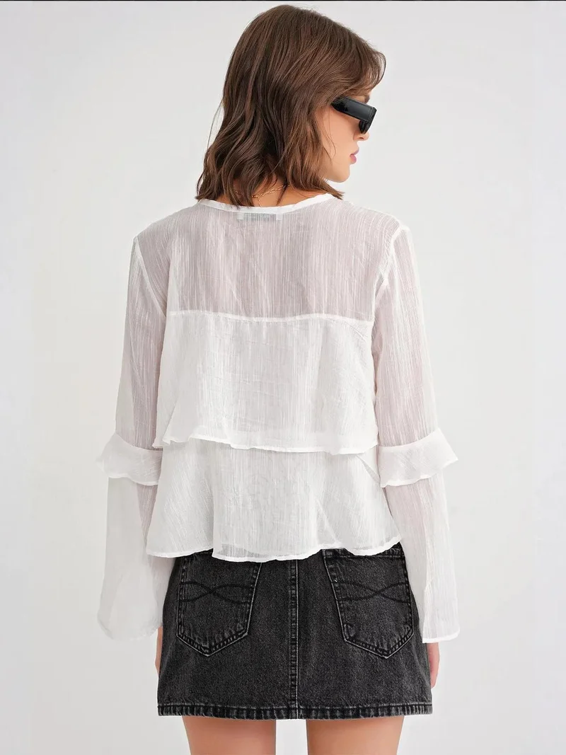 MixRay White Mixray Frilly Blouse with Bow Detail for Women | Best Price UAE
