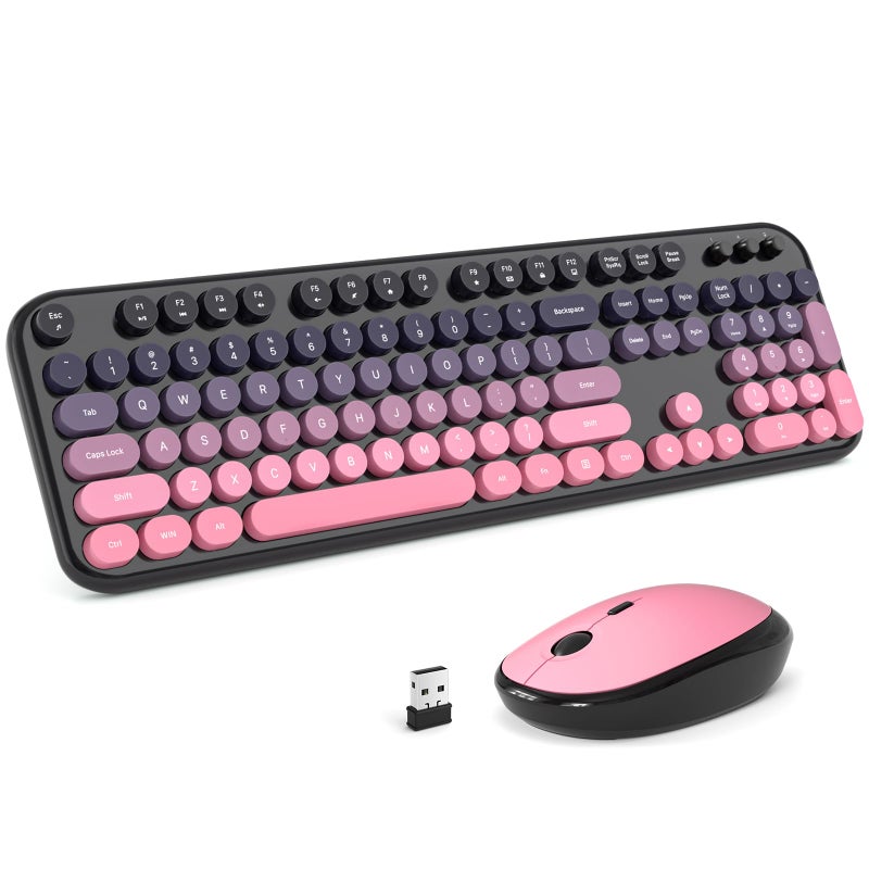 MOFII Wireless Keyboard and Mouse Combo, Full Size 2.4G Retro Round Computer Keyboard and Mouse Set, Plug and Play, for Windows, Computer, Desktop, PC, Notebook - (Lovely Plum Pink Gradient) - Image 1
