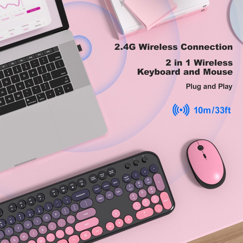 MOFII Wireless Keyboard and Mouse Combo, Full Size 2.4G Retro Round Computer Keyboard and Mouse Set, Plug and Play, for Windows, Computer, Desktop, PC, Notebook - (Lovely Plum Pink Gradient) - Image 2