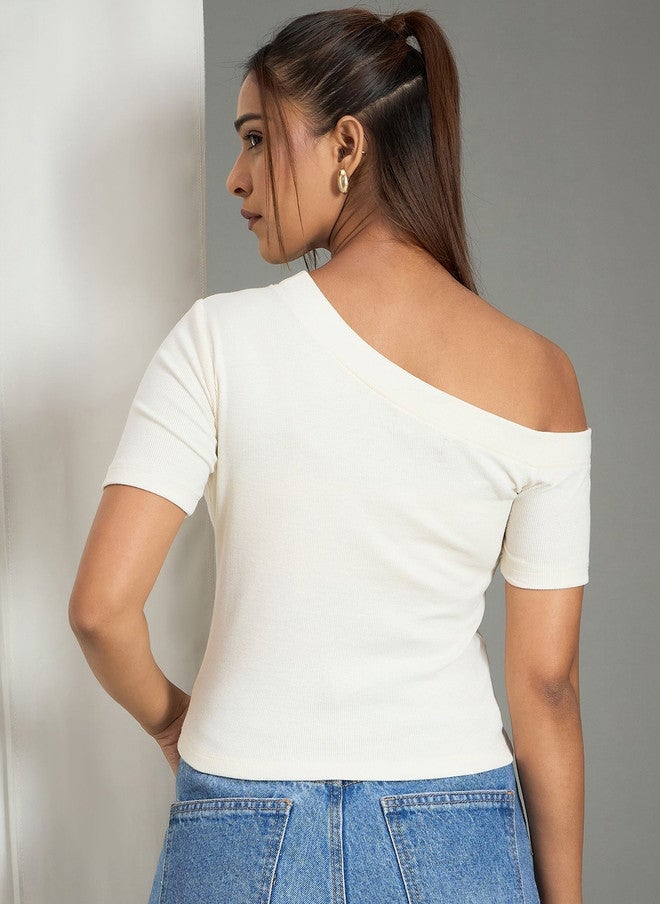 WineRed Off White Women Solid Ribbed One Shoulder Top - Image 4