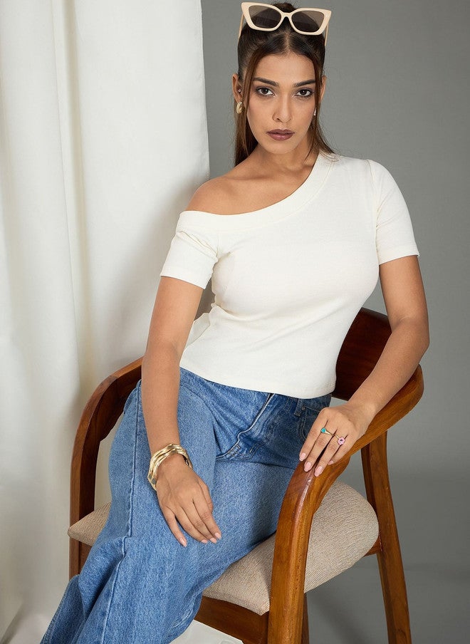 WineRed Off White Women Solid Ribbed One Shoulder Top - Image 1