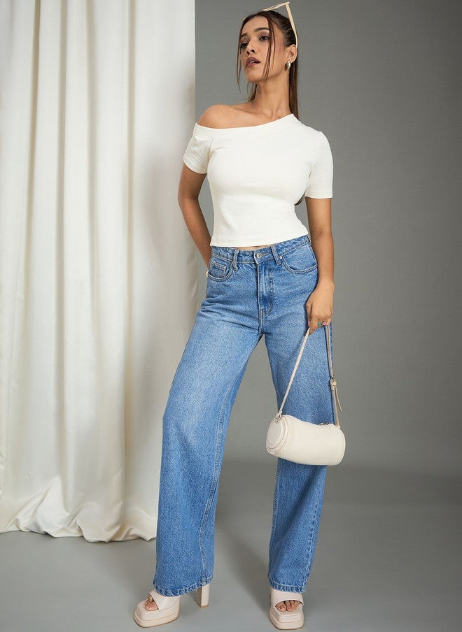 WineRed Off White Women Solid Ribbed One Shoulder Top - Image 5