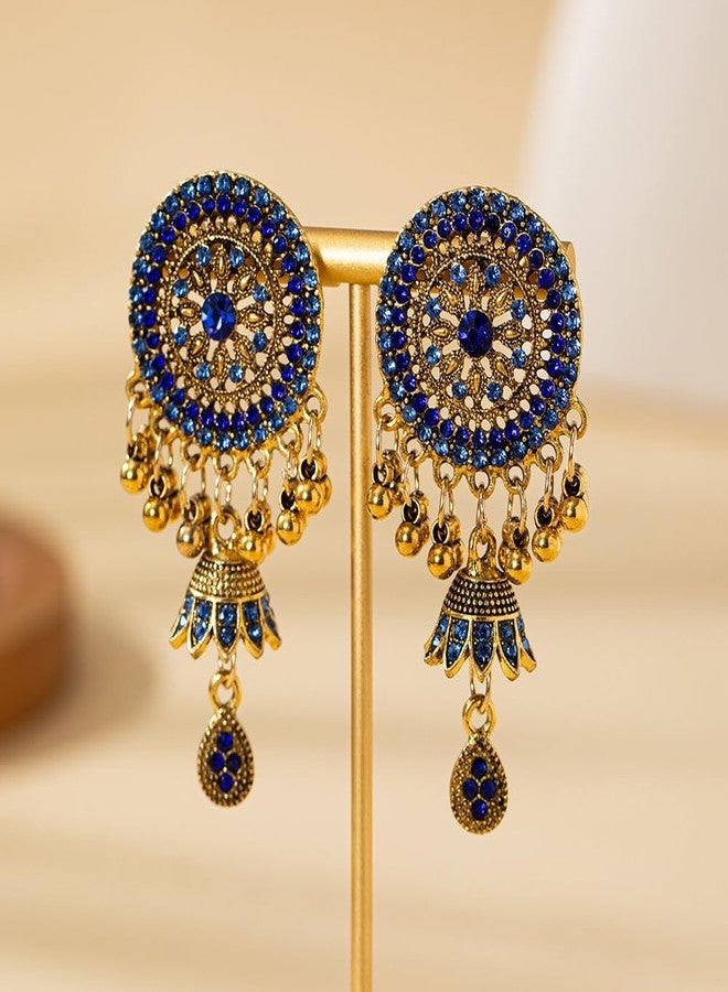 OIDIMS Rhinestone Jhumka Earrings for Women Bollywood Traditional Gypsy Crystal Beaded Tassel Antique Indian Bell Jhumki Earring Drop Dangle Bohemian Ethnic Festive Party Wear Xmas Jewelry Gift (Blue) - Image 4