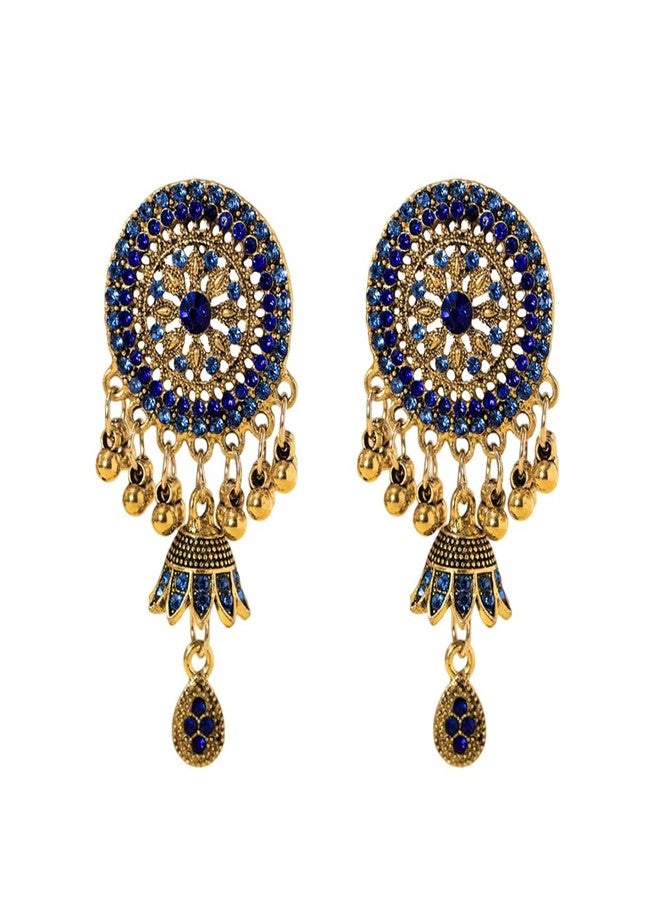 OIDIMS Rhinestone Jhumka Earrings for Women Bollywood Traditional Gypsy Crystal Beaded Tassel Antique Indian Bell Jhumki Earring Drop Dangle Bohemian Ethnic Festive Party Wear Xmas Jewelry Gift (Blue) - Image 1