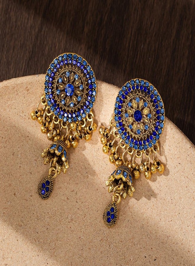 OIDIMS Rhinestone Jhumka Earrings for Women Bollywood Traditional Gypsy Crystal Beaded Tassel Antique Indian Bell Jhumki Earring Drop Dangle Bohemian Ethnic Festive Party Wear Xmas Jewelry Gift (Blue) - Image 5