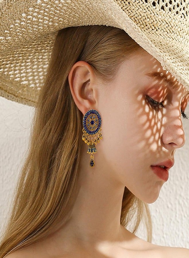 OIDIMS Rhinestone Jhumka Earrings for Women Bollywood Traditional Gypsy Crystal Beaded Tassel Antique Indian Bell Jhumki Earring Drop Dangle Bohemian Ethnic Festive Party Wear Xmas Jewelry Gift (Blue) - Image 3