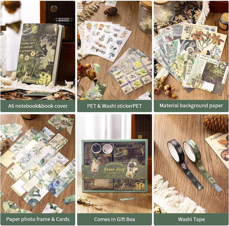GDNK Scrape Book Kit Scrapbooking Kit Vintage Journal Scrapbook Pack DIY Paper Stickers, Craft Kits Notebook, Collage Album Aesthetic Sticker Journaling Scrapbook Photo Album (Green Leaf) - Image 3