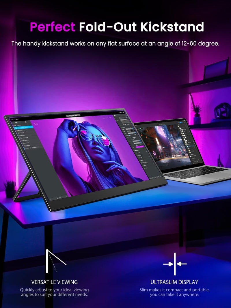 أوبيرفكت شاشة محمولة 4K، مقاس 17.3 بوصة UHD FreeSync 100% Adobe RGB سطوع 500 شمعة HDR IPS مكبرين صوت شاشة ألعاب للعناية بالعيون Type-C HDMI للسويتش والابتوب والكمبيوتر والهاتف مع VESA وحقيبة ذكية - Image 2