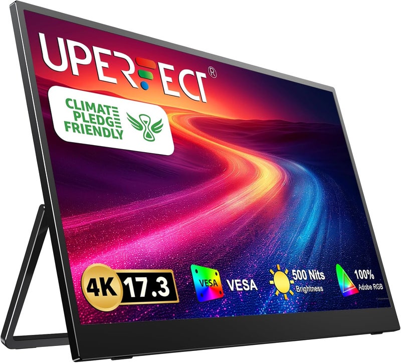 أوبيرفكت شاشة محمولة 4K، مقاس 17.3 بوصة UHD FreeSync 100% Adobe RGB سطوع 500 شمعة HDR IPS مكبرين صوت شاشة ألعاب للعناية بالعيون Type-C HDMI للسويتش والابتوب والكمبيوتر والهاتف مع VESA وحقيبة ذكية - Image 1