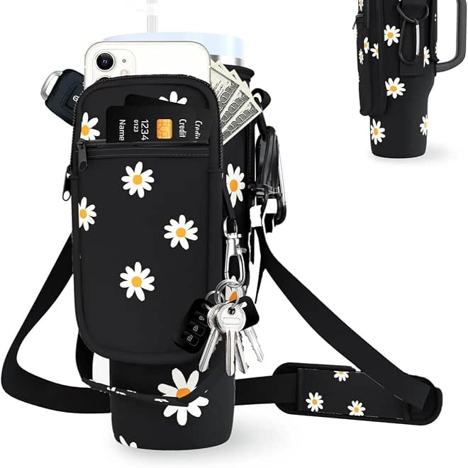 GQ Water Bottle Carrier Bag with Phone Pocket for Stanley Cup 40 oz, Water Bottle Holder with Adjustable Strap & Straw Cover, Stanley Cup Accessories (Black Daisy)