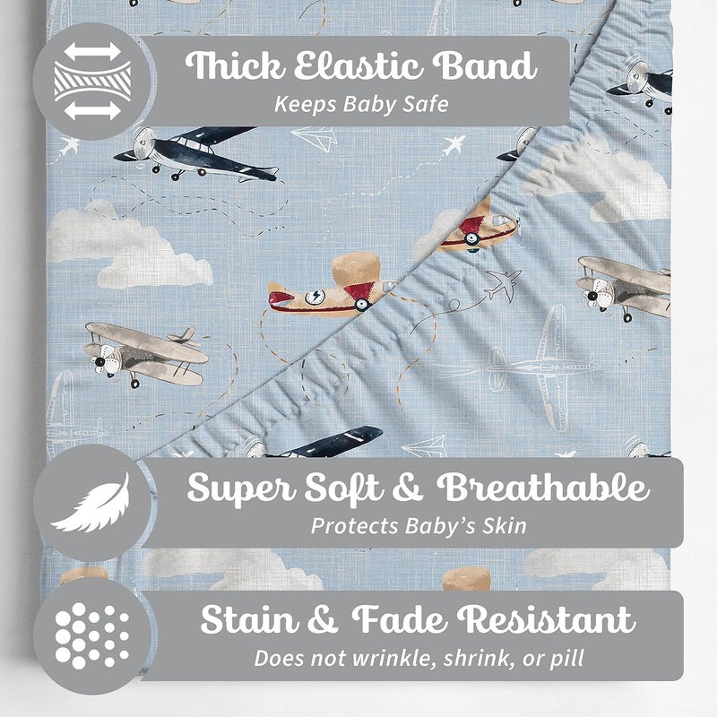 Sorrel + Fern Baby Bassinet Sheets For Boy  Girl (Airplanes & Clouds) 2-Pack - Fitted Bedside Bassinet Sheets - Buttery Soft Cotton Blend For Standard Mattress Pad - Image 2