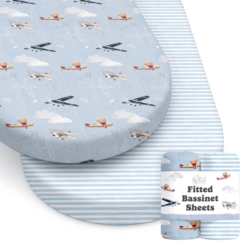 Sorrel + Fern Baby Bassinet Sheets For Boy  Girl (Airplanes & Clouds) 2-Pack - Fitted Bedside Bassinet Sheets - Buttery Soft Cotton Blend For Standard Mattress Pad - Image 1