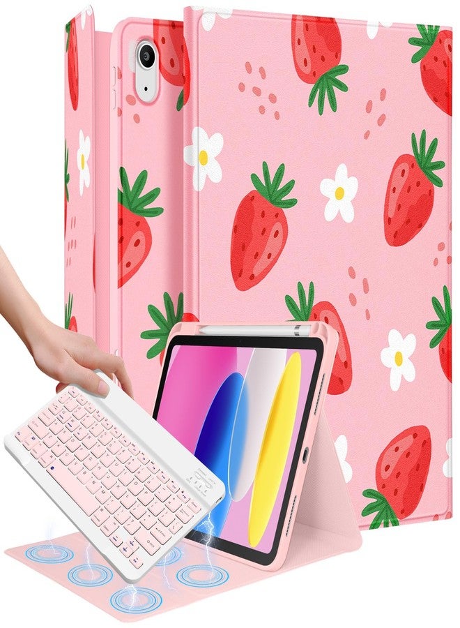 Wazzasoft for iPad 10th Generation Case with Keyboard Pencil Holder 10.9 Inch Folio Tablet Cover Women Girls Cute Girly Teens Kawaii Strawberry Unique Design for Apple Funda for iPad 10th gen - Image 1