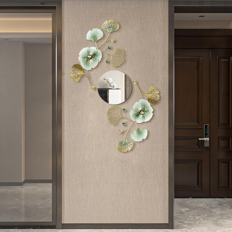 Tandefio 3 Pcs Metal Decorative Wall Mirrors for Living Room Metal Ginkgo Leaf Mirror Modern Creative Wall Decor Art Hanging Decor Mirror for Entrance Bedroom Living Room (Gold Green,16.inches) - Image 1